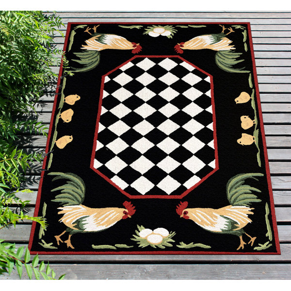 August Grove® Treport Rooster HandTufted Black Indoor/Outdoor Area Rug